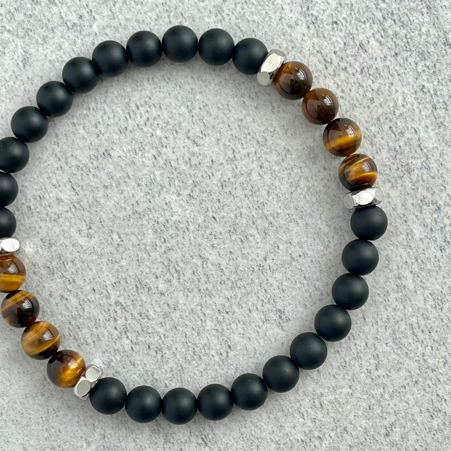 Matte Onyx, Yellow Tiger Eye with Stainless Steel Accents Bracelet