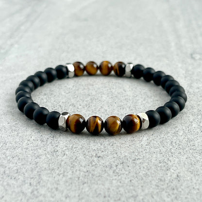 Matte Onyx, Yellow Tiger Eye with Stainless Steel Accents Bracelet