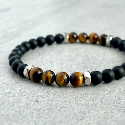 Matte Onyx, Yellow Tiger Eye with Stainless Steel Accents Bracelet