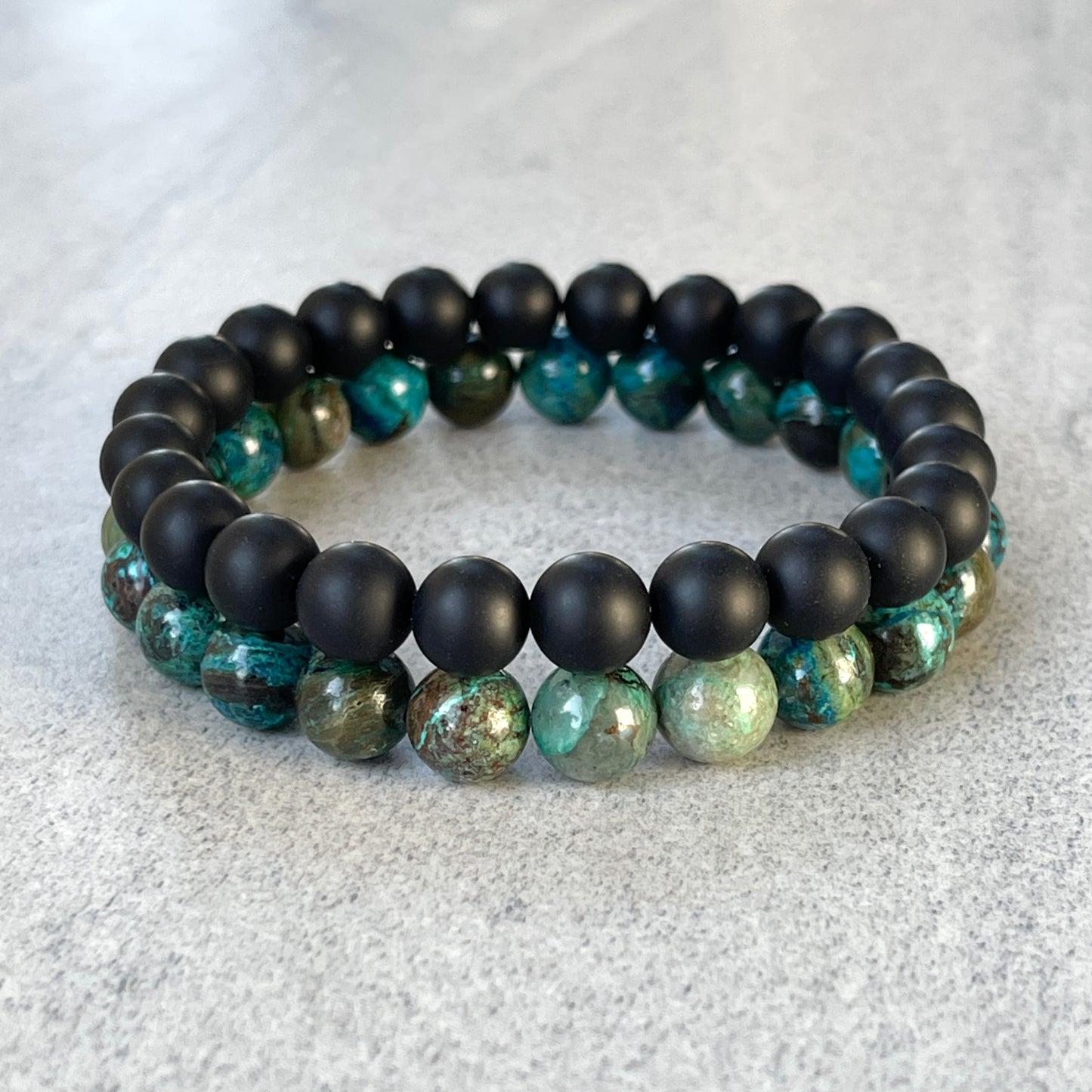 2-Pk Matte Onyx & Turquoise Chrysocolla Stretch Bracelet