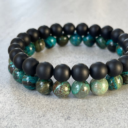 2-Pk Matte Onyx & Turquoise Chrysocolla Stretch Bracelet