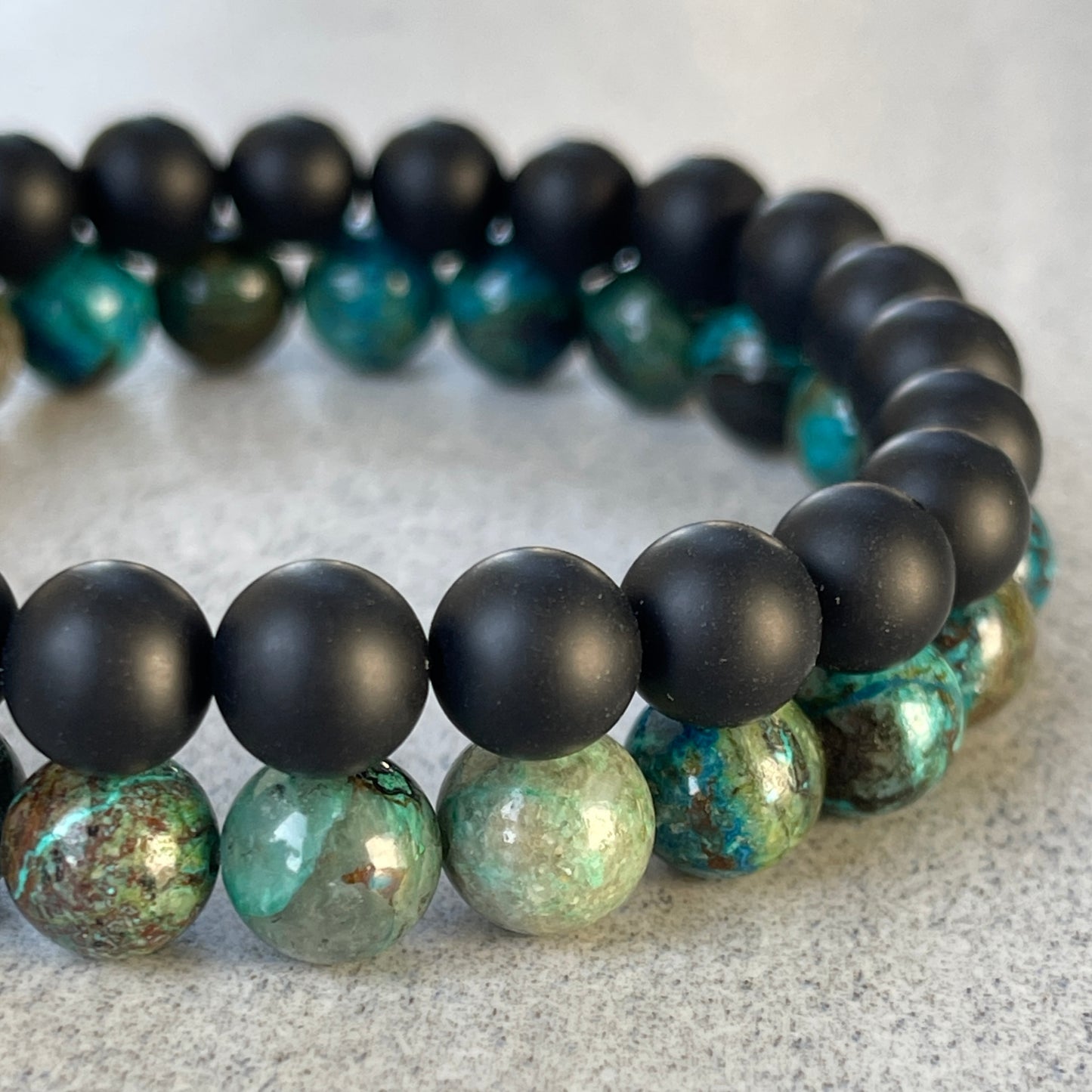 2-Pk Matte Onyx & Turquoise Chrysocolla Stretch Bracelet