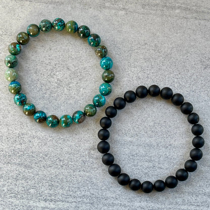 2-Pk Matte Onyx & Turquoise Chrysocolla Stretch Bracelet