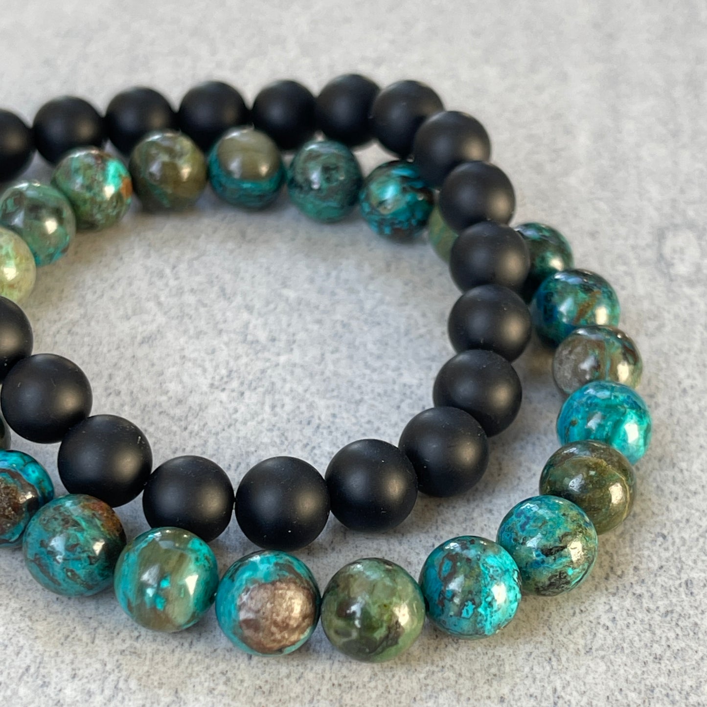 2-Pk Matte Onyx & Turquoise Chrysocolla Stretch Bracelet