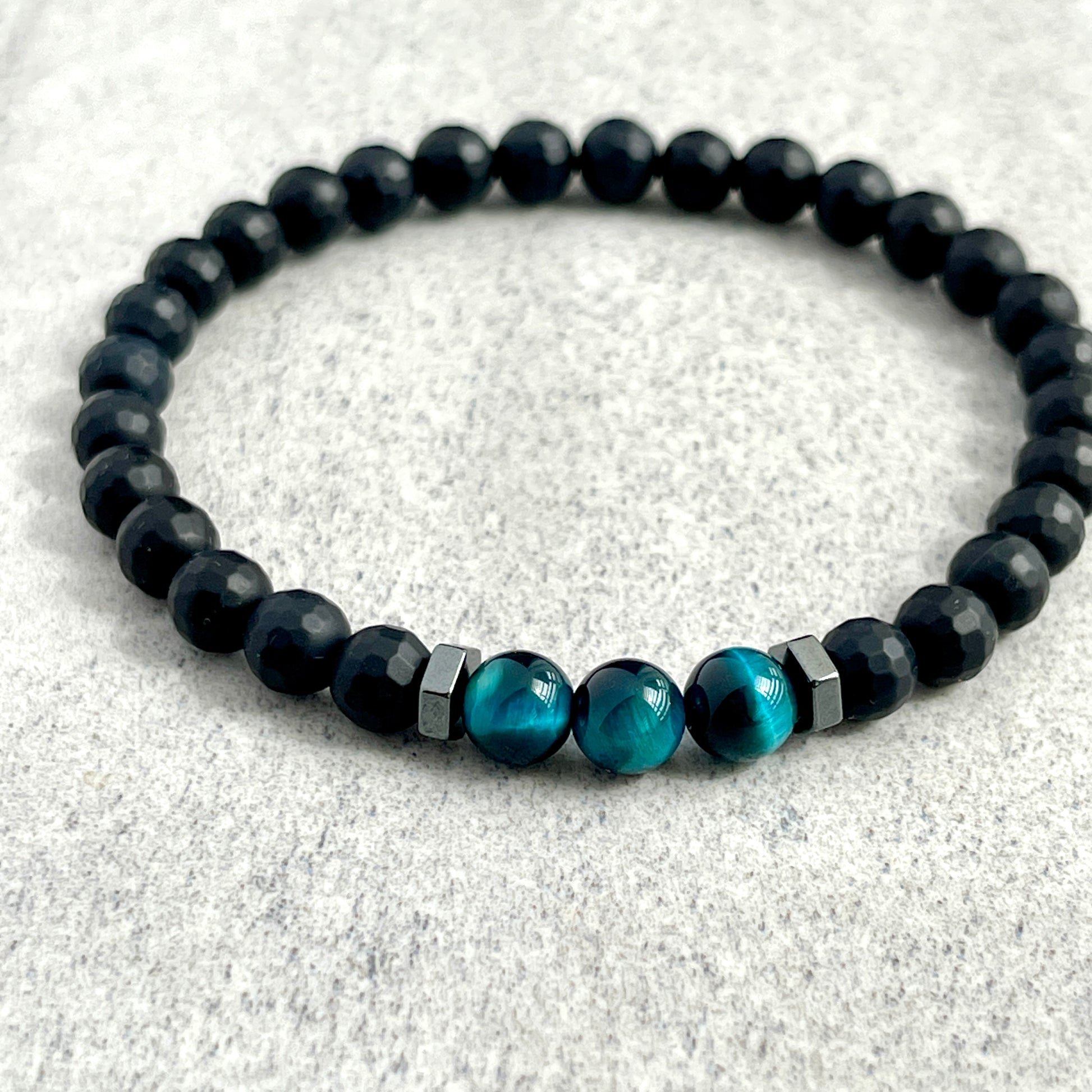 Aqua Blue Tiger Eye & Hematite with Faceted Beads