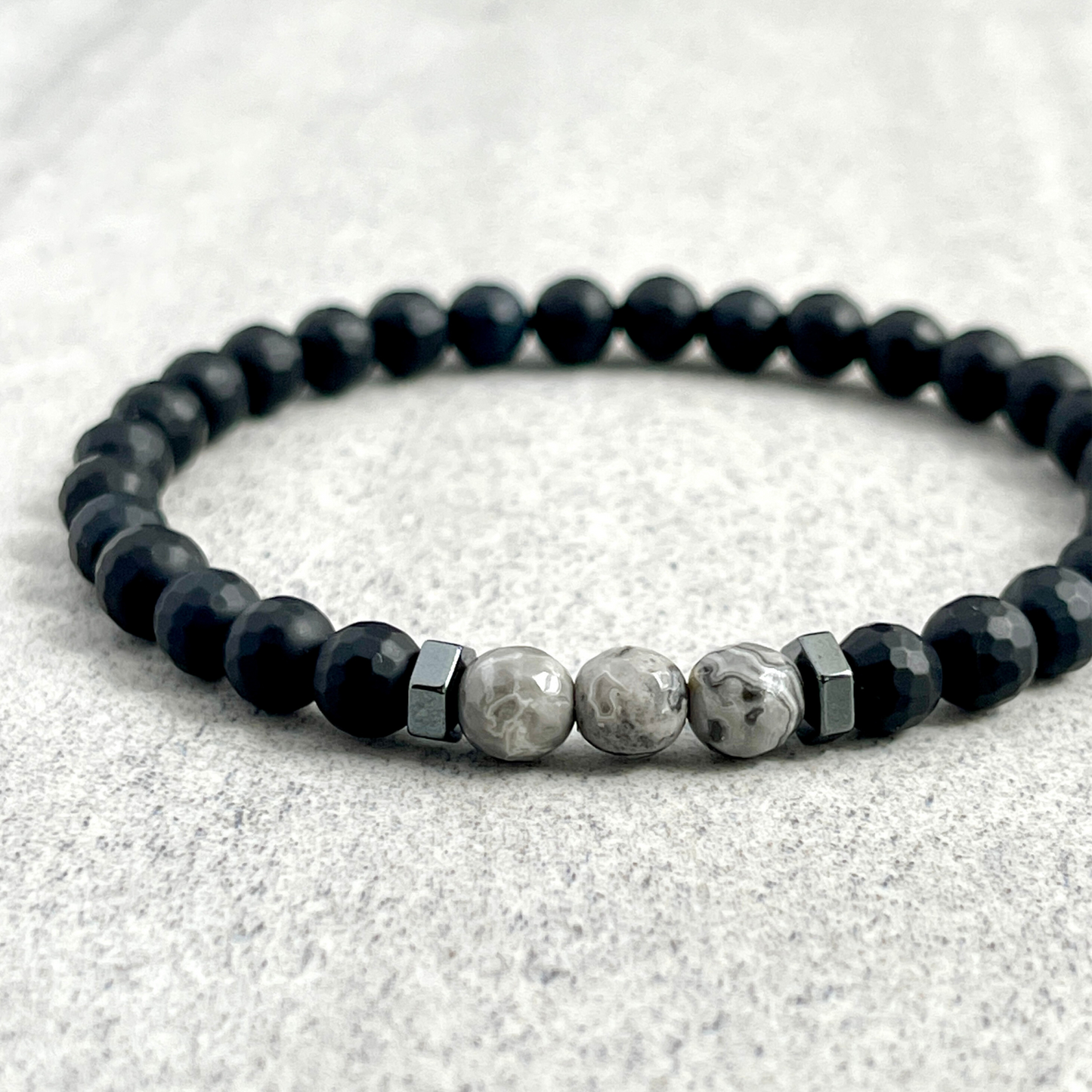 Matte Onyx with Faceted Map Jasper and Hematite