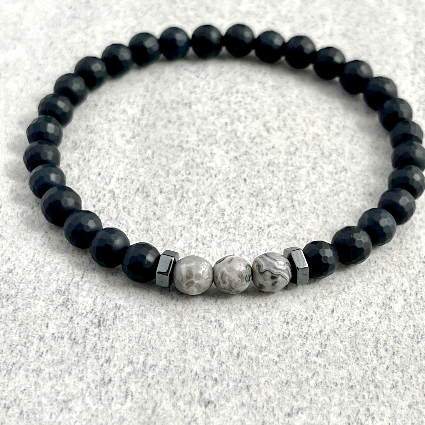 Matte Onyx with Faceted Map Jasper and Hematite