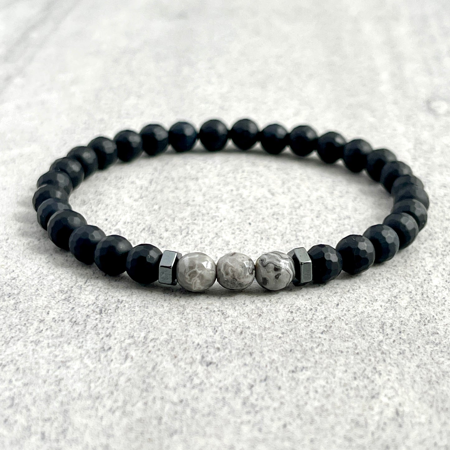 Matte Onyx with Faceted Map Jasper and Hematite