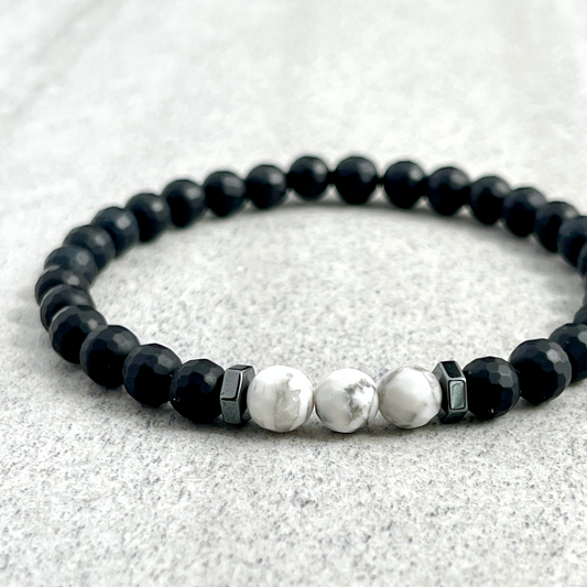 Faceted Matte Onyx with White Howlite and Hematite