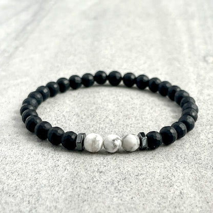 Faceted Matte Onyx with White Howlite and Hematite