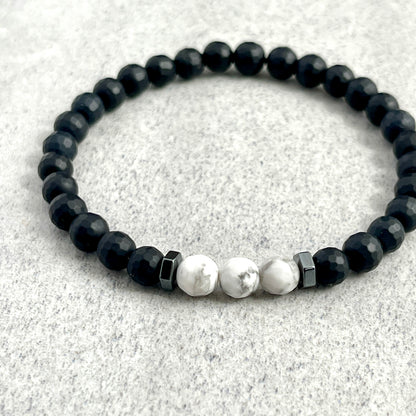 Faceted Matte Onyx with White Howlite and Hematite