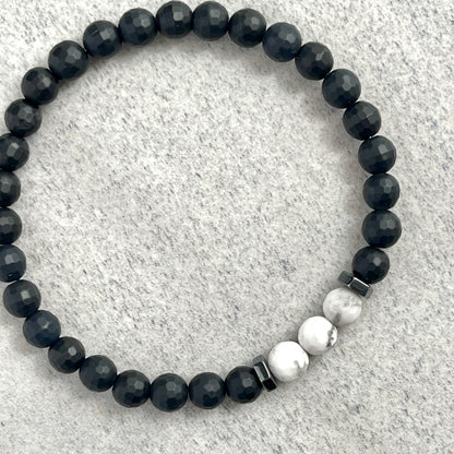 Faceted Matte Onyx with White Howlite and Hematite