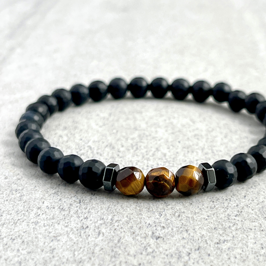 Faceted Matte Onyx with Yellow Tiger Eye & Hematite