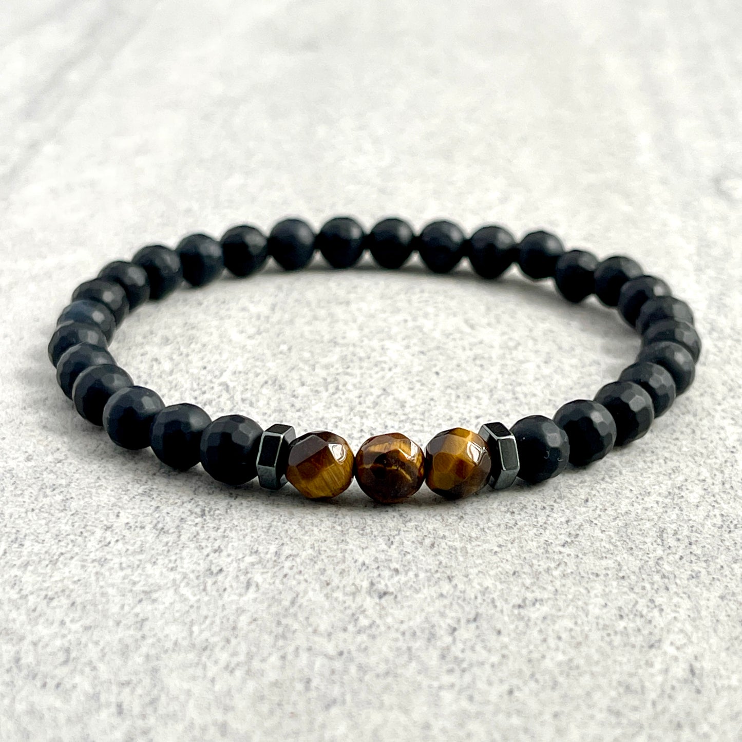 Faceted Matte Onyx with Yellow Tiger Eye & Hematite