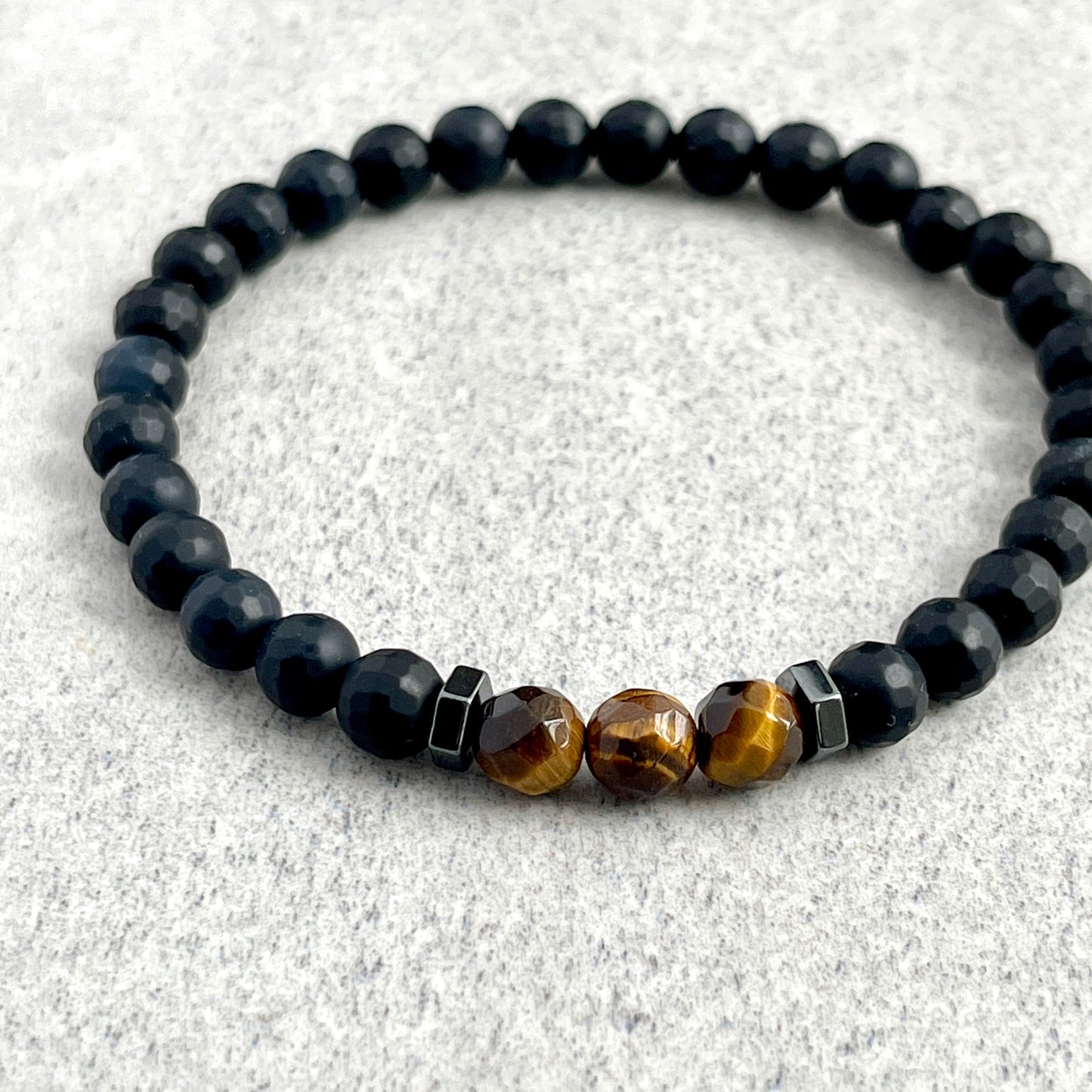 Faceted Matte Onyx with Yellow Tiger Eye & Hematite