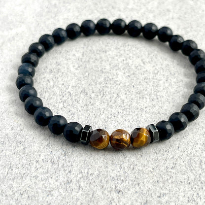 Faceted Matte Onyx with Yellow Tiger Eye & Hematite