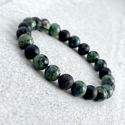 Green Camo - Kambaba Jasper, Matte Onyx and Black Lava Beaded Bracelet