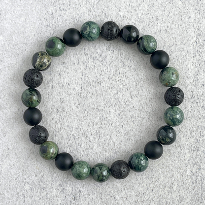 Green Camo - Kambaba Jasper, Matte Onyx and Black Lava Beaded Bracelet