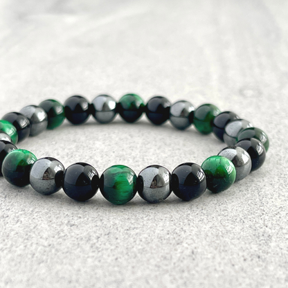 Green Tiger Eye, Onyx & Hematite Beaded Bracelet