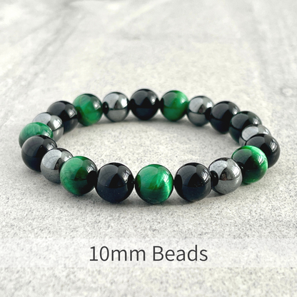 Green Tiger Eye, Onyx & Hematite Beaded Bracelet