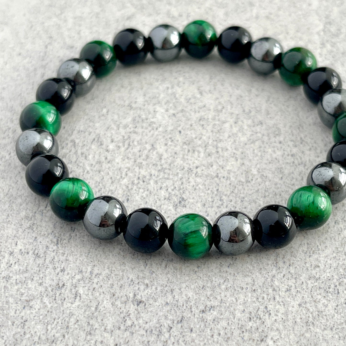 Green Tiger Eye, Onyx & Hematite Beaded Bracelet