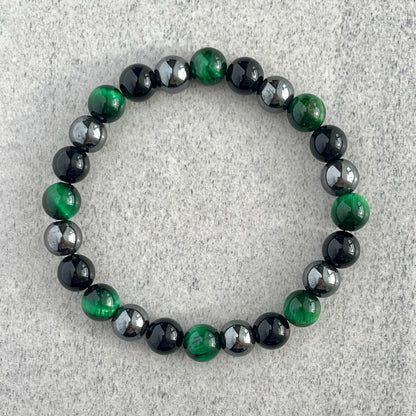 Green Tiger Eye, Onyx & Hematite Beaded Bracelet