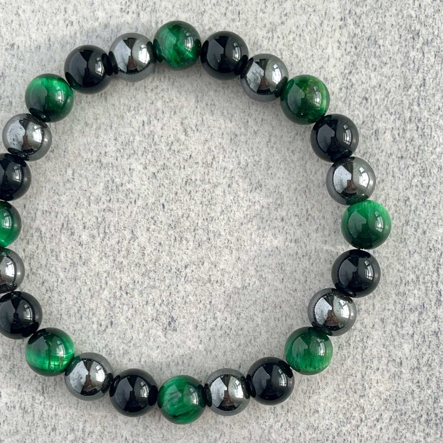 Green Tiger Eye, Onyx & Hematite Beaded Bracelet