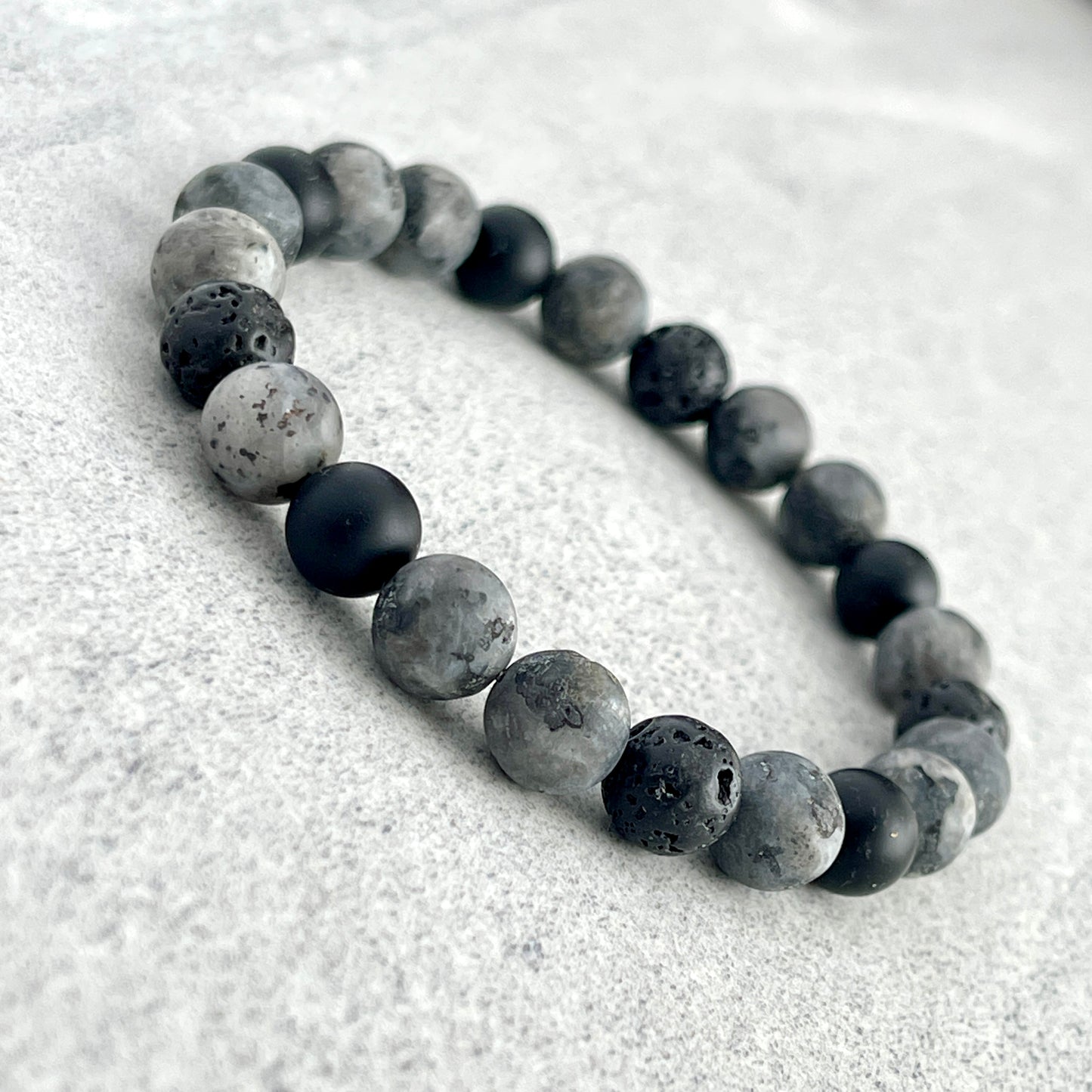 Grey Camo - Matte Black Labradorite, Matte Onyx and Black Lava Beaded Bracelet