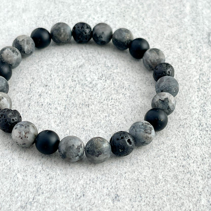 Grey Camo - Matte Black Labradorite, Matte Onyx and Black Lava Beaded Bracelet