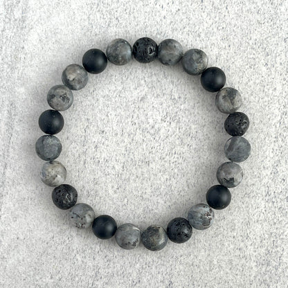 Grey Camo - Matte Black Labradorite, Matte Onyx and Black Lava Beaded Bracelet