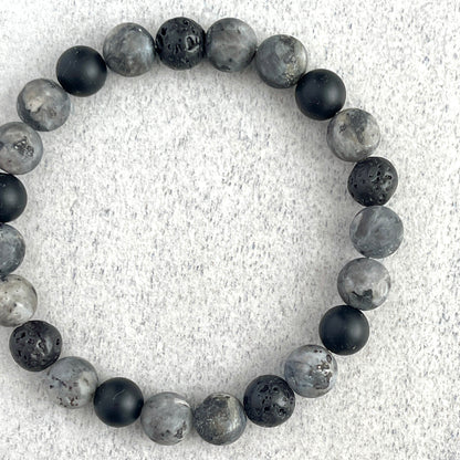 Grey Camo - Matte Black Labradorite, Matte Onyx and Black Lava Beaded Bracelet