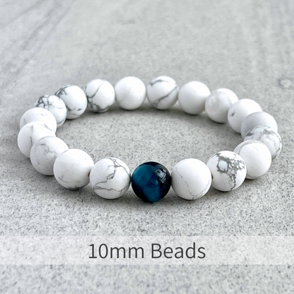 Matte White Howlite with a Single Aqua Blue Tiger Eye Stretch Bracelet