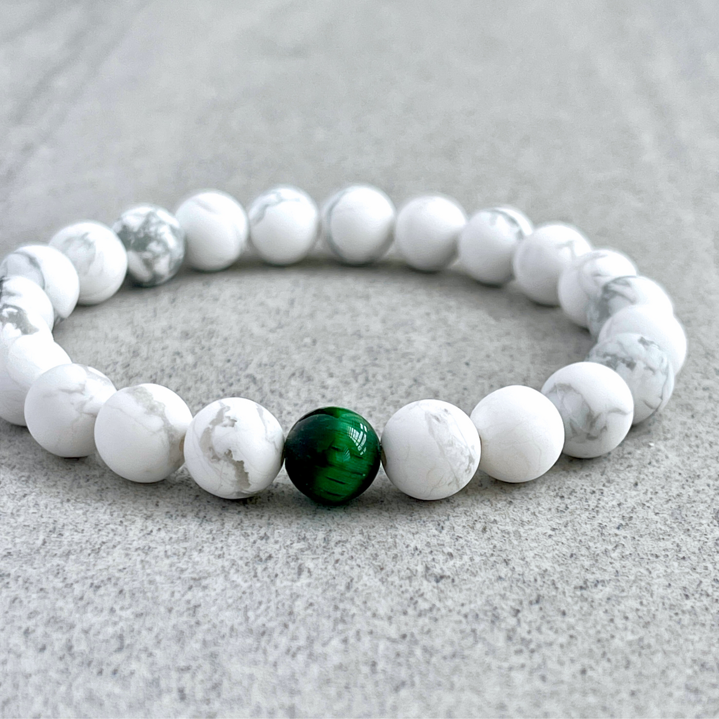 Matte White Howlite with a Single Green Tiger Eye Stretch Bracelet