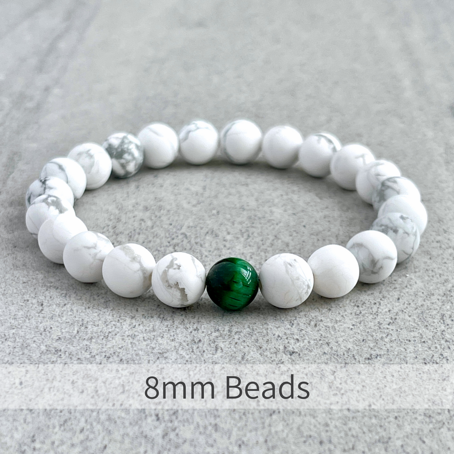 Matte White Howlite with a Single Green Tiger Eye Stretch Bracelet