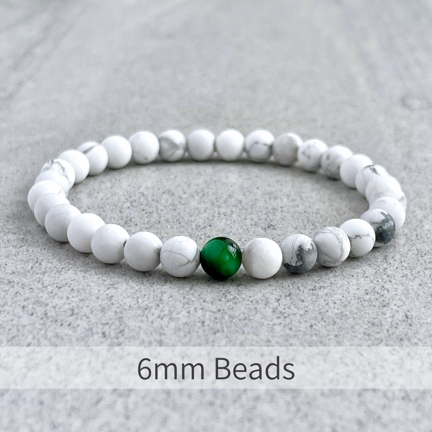 Matte White Howlite with a Single Green Tiger Eye Stretch Bracelet