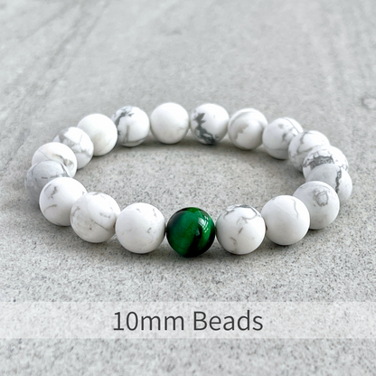 Matte White Howlite with a Single Green Tiger Eye Stretch Bracelet