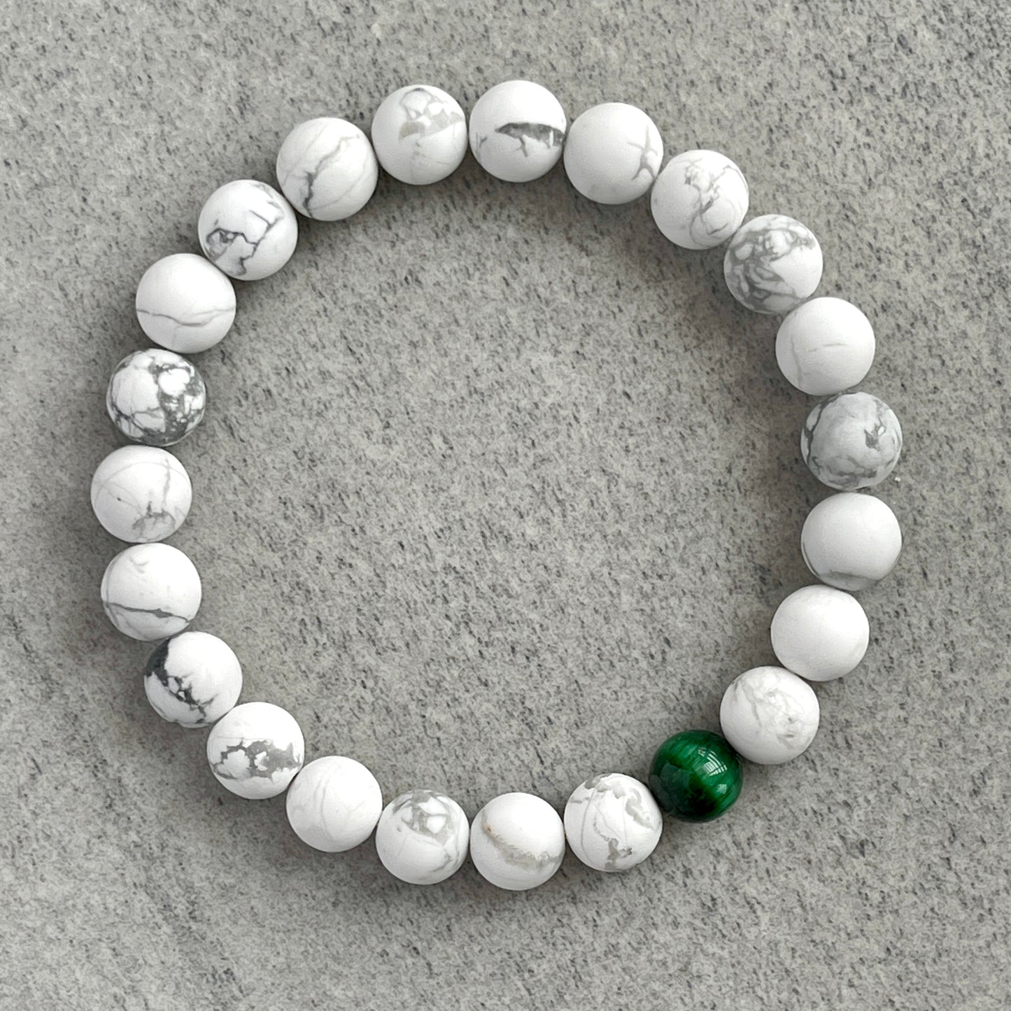 Matte White Howlite with a Single Green Tiger Eye Stretch Bracelet