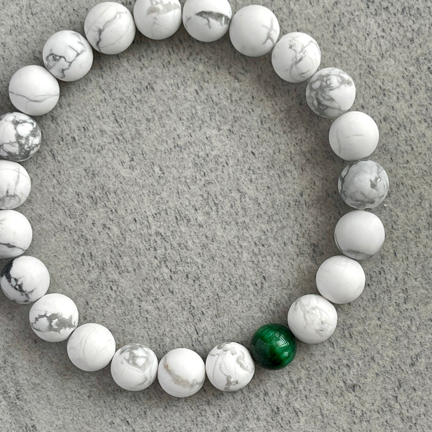 Matte White Howlite with a Single Green Tiger Eye Stretch Bracelet