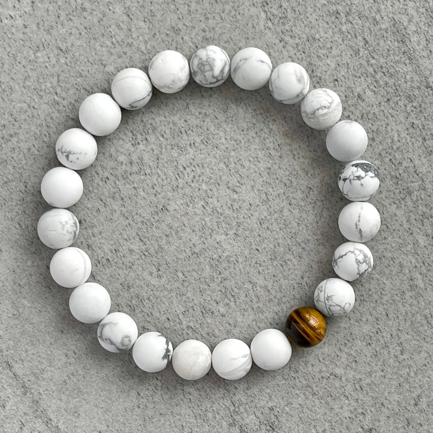 Matte White Howlite with a Single Yellow Tiger Eye Stretch Bracelet