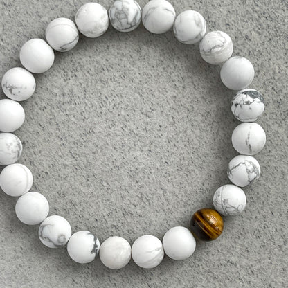 Matte White Howlite with a Single Yellow Tiger Eye Stretch Bracelet