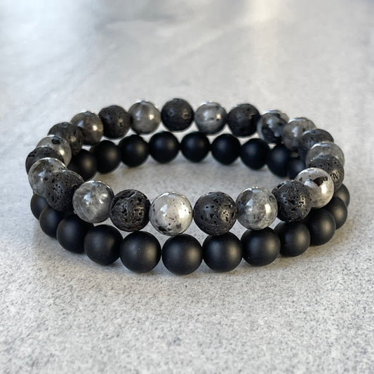 2-Pk Matte Onyx, Black Lava & Larvikite Bracelet