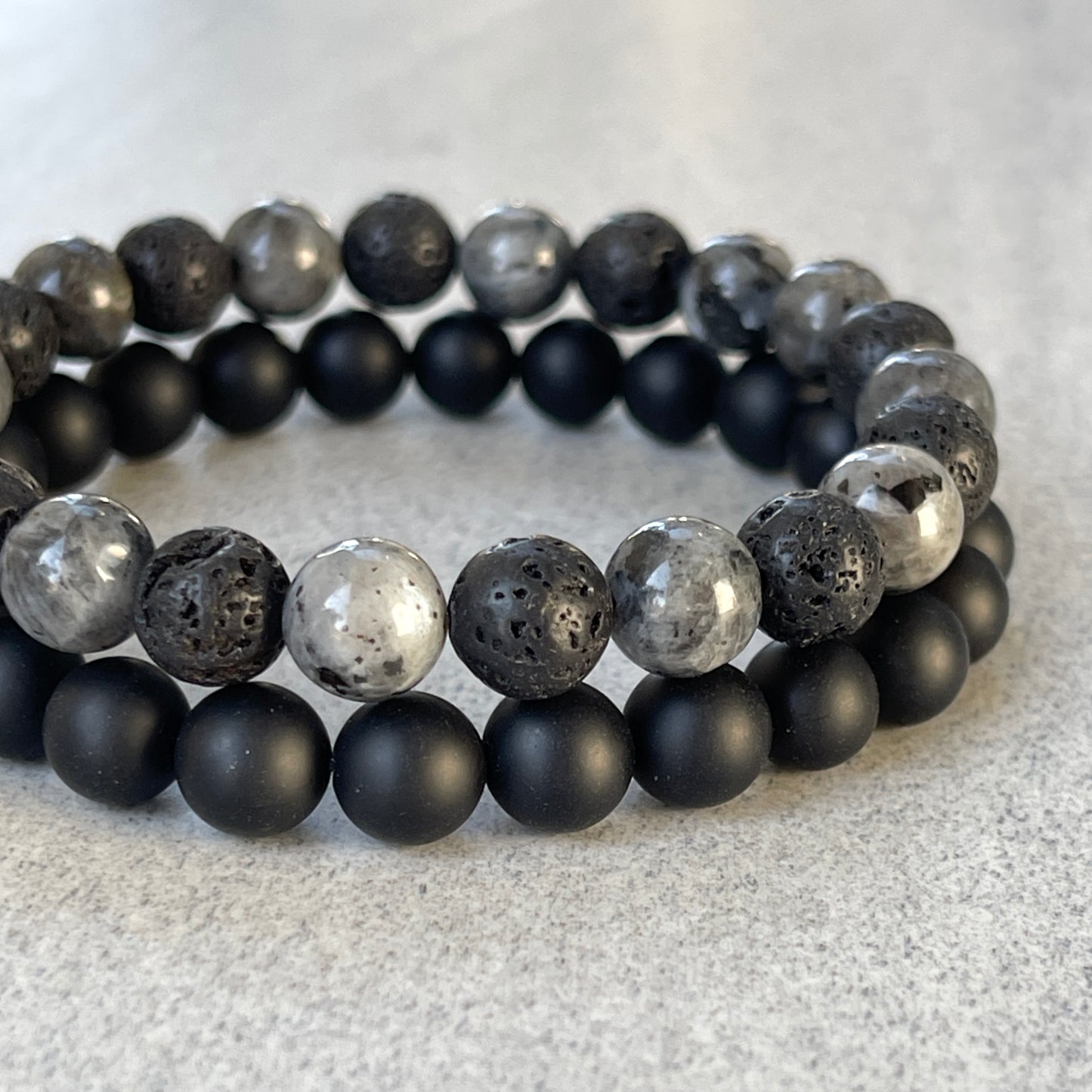 2-Pk Matte Onyx, Black Lava & Larvikite Bracelet