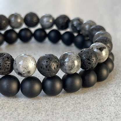 2-Pk Matte Onyx, Black Lava & Larvikite Bracelet