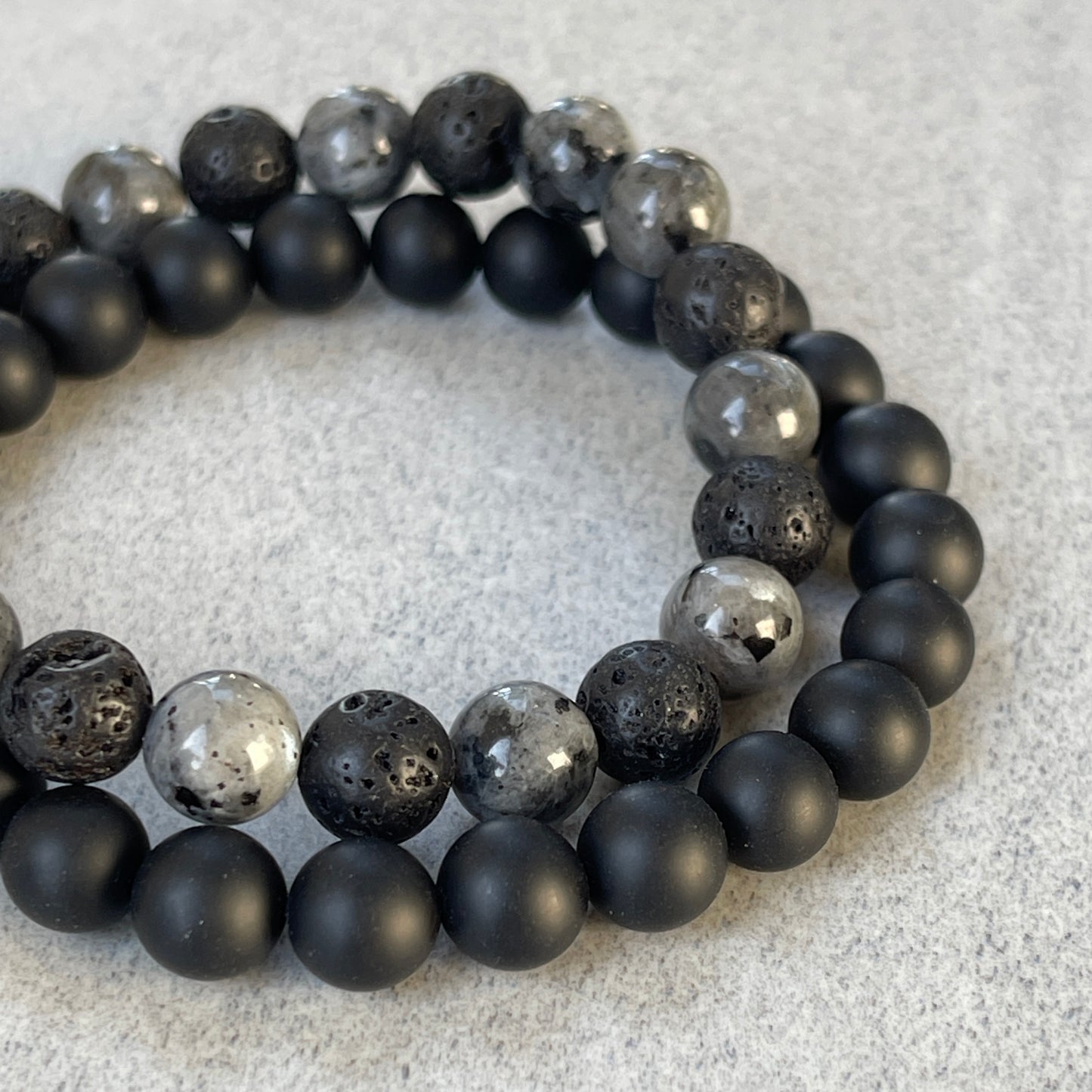 2-Pk Matte Onyx, Black Lava & Larvikite Bracelet