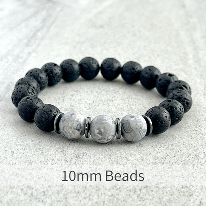 Black Lava, Matte Grey Picasso Jasper and Hematite Beaded Bracelet