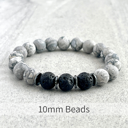 Matte Map Jasper, Black Lava and Hematite Beaded Bracelet