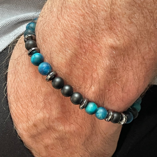 Matte Aqua Blue Tiger Eye & Matte Onyx Beaded Bracelet