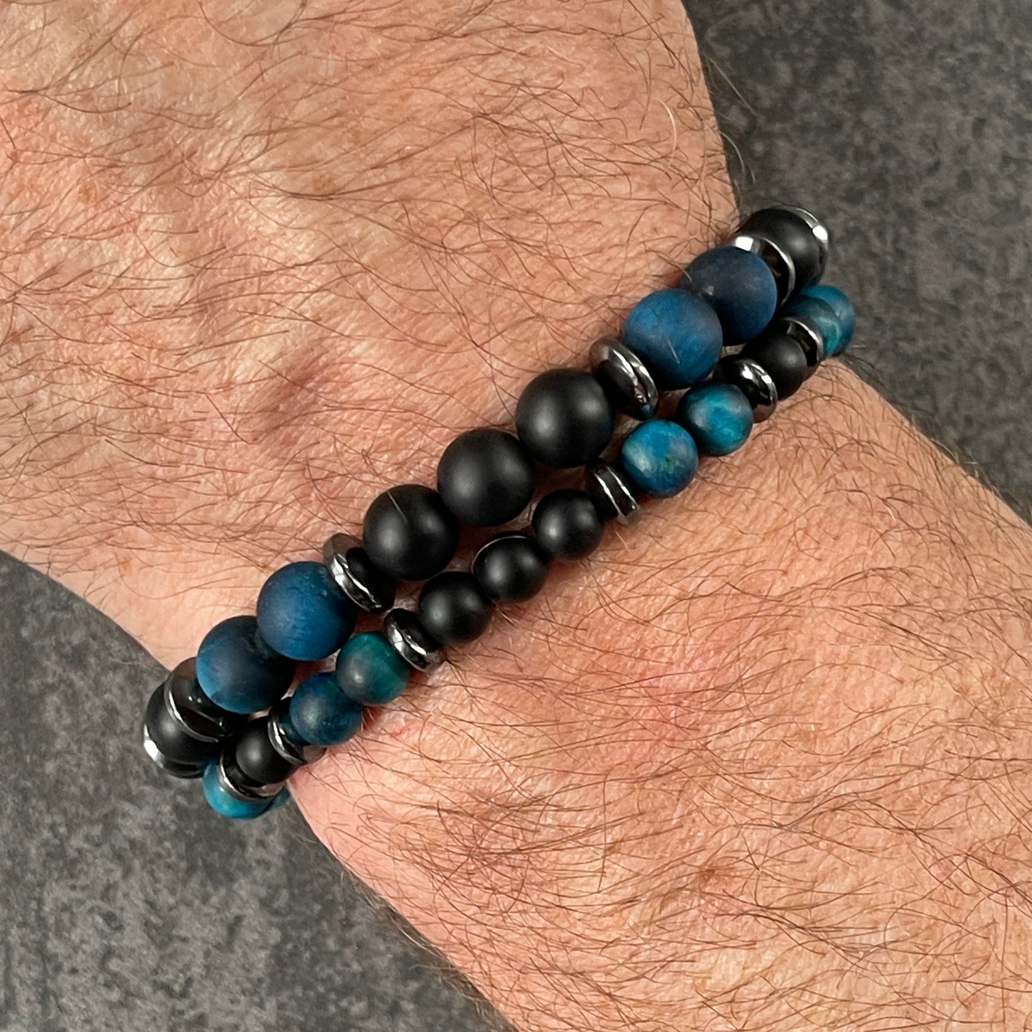 Matte Aqua Blue Tiger Eye & Matte Onyx Beaded Bracelet