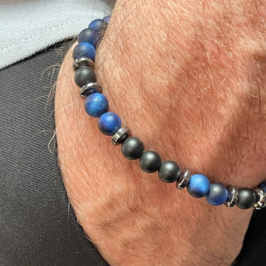 Matte Blue Tiger Eye & Matte Onyx Bracelet