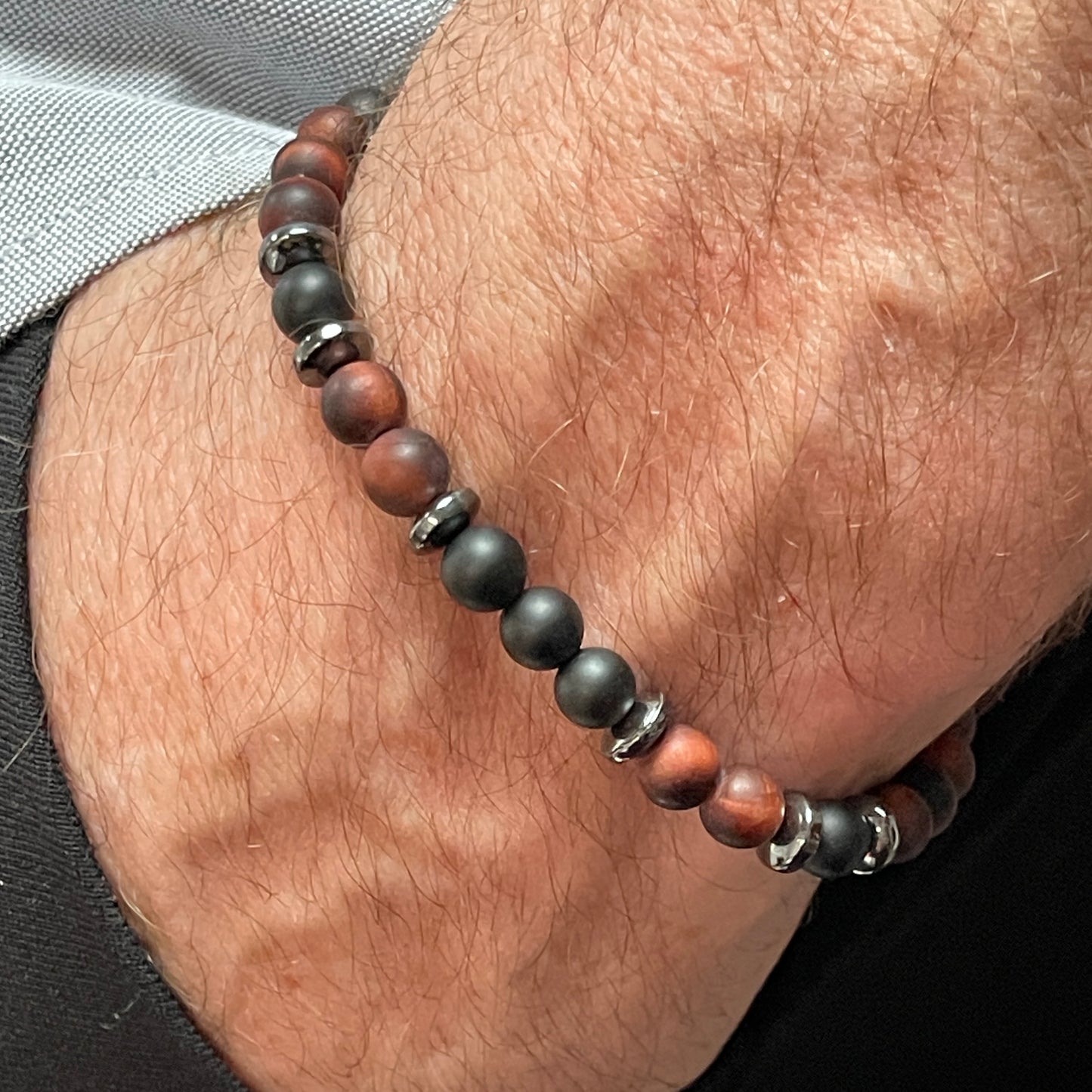 Matte Red Tiger Eye & Matte Onyx Beaded Bracelet